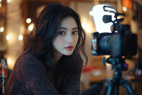 Beautiful Young Woman Vlogger Recording Video Blog  Stylish Dark Hair Winter Fashion Cozy Sweater   