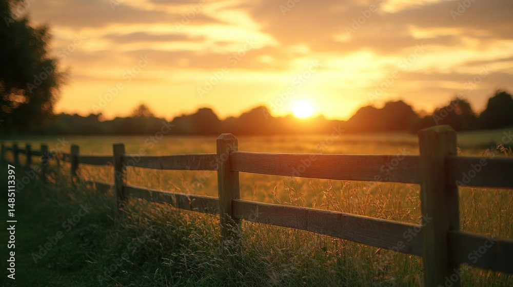 Fototapeta premium Golden Sunset over a Rustic Fence
