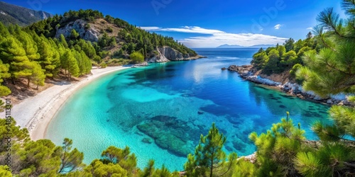 Fototapeta Naklejka Na Ścianę i Meble -  Picturesque turquoise bay with white sandy beach and pine trees surrounding it in a Greek island setting, caldera, nature