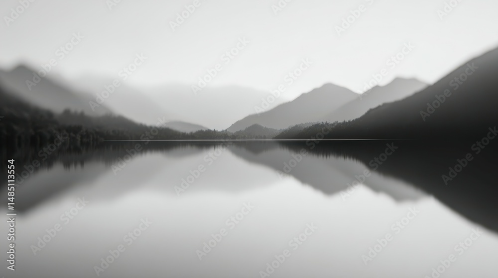 Black and white mountain range reflecting in calm lake water Black and white mountain range reflecting in calm lake water