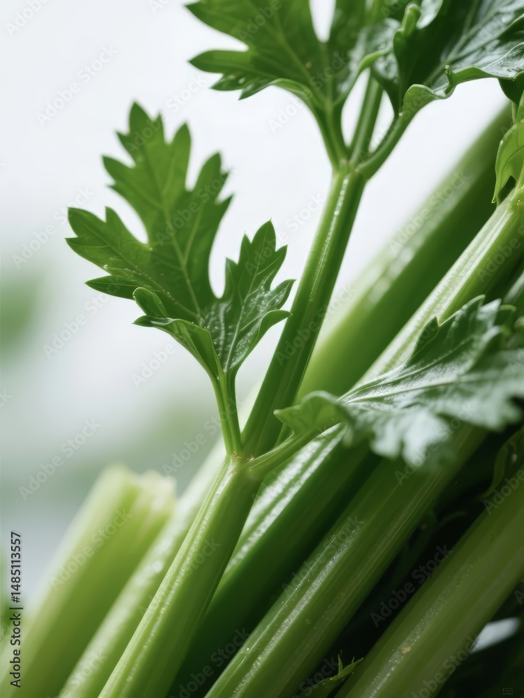 Obraz premium Close-Up of Fresh Celery Stalks with Leaves