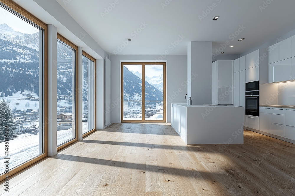 Obraz premium Modern mountain home interior with panoramic windows.
