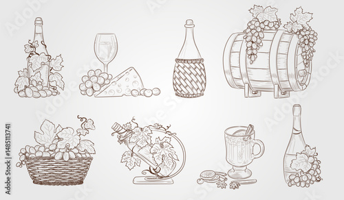 Retro wine. Hand drawn grapes. Illustration wineglass. Vintage bottle with cork. Vineyard wooden barrel. Berry vine leaf sketch drawing. Engraving cheese. Beverage glass. Vector drink elements set