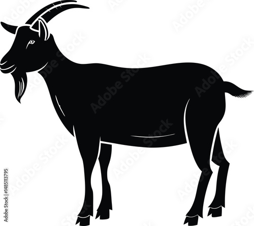 A cute, isolated mammal illustration depicts a black and white goat standing on a farm