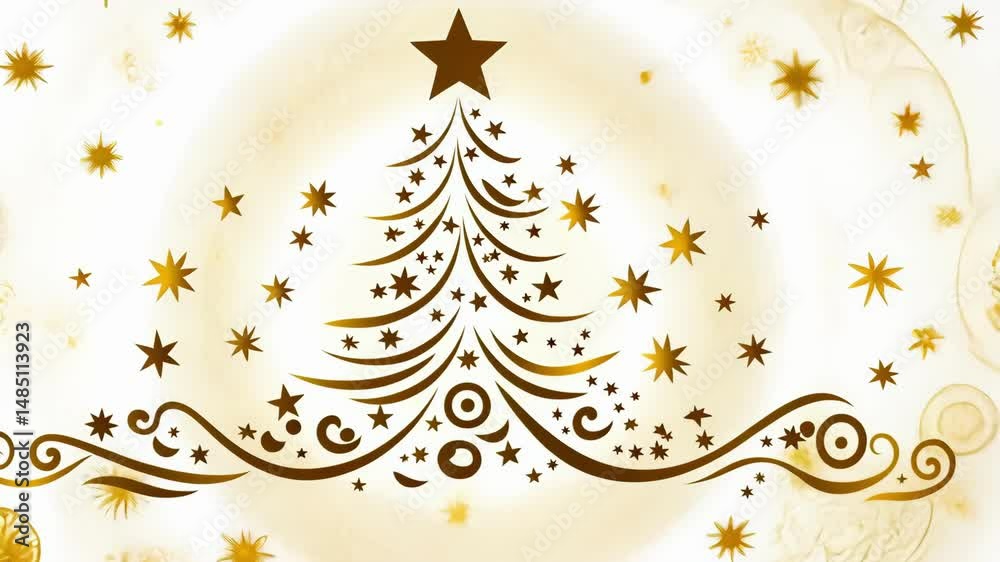 Elegant gold christmas tree with star and ornaments on white background. Merry Christmas. Happy New Year