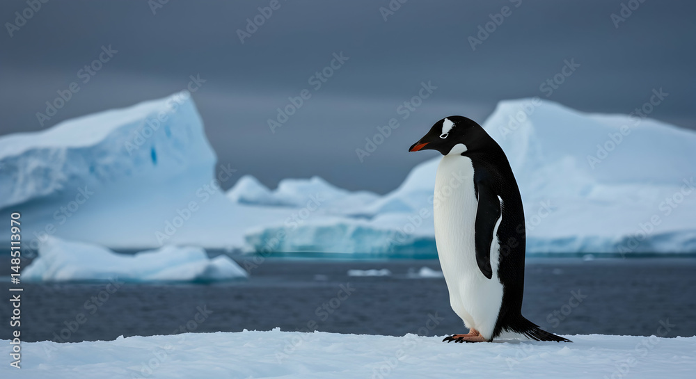 Naklejka premium Penguin Standing on Ice Floe with Icebergs in Background