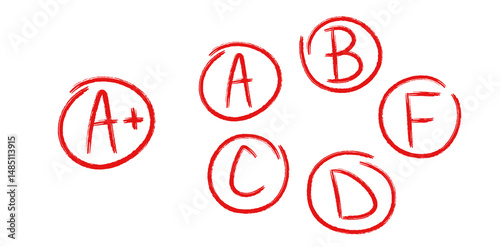 Red exam grade symbols in hand drawn style. A to F letters circled with sketchy marker lines. Doodle vector set for teacher tests, school reports, and student assessments.