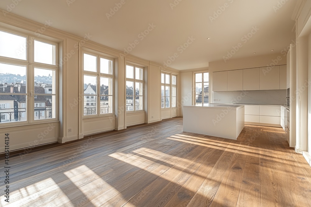 Obraz premium Spacious, sun-drenched interior of an empty apartment.