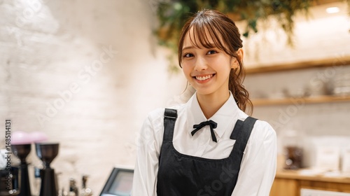 Charming Barista Smiling in a Cozy Café photo
