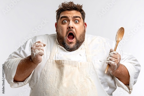 Surprised chef in a flour-covered apron holding a wooden spoon photo