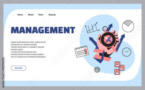 Management landing page. Office staff searching decision. Website design template. Businessman holding compass. Finding way solution. Arrows direction. Business strategy planning. Vector background