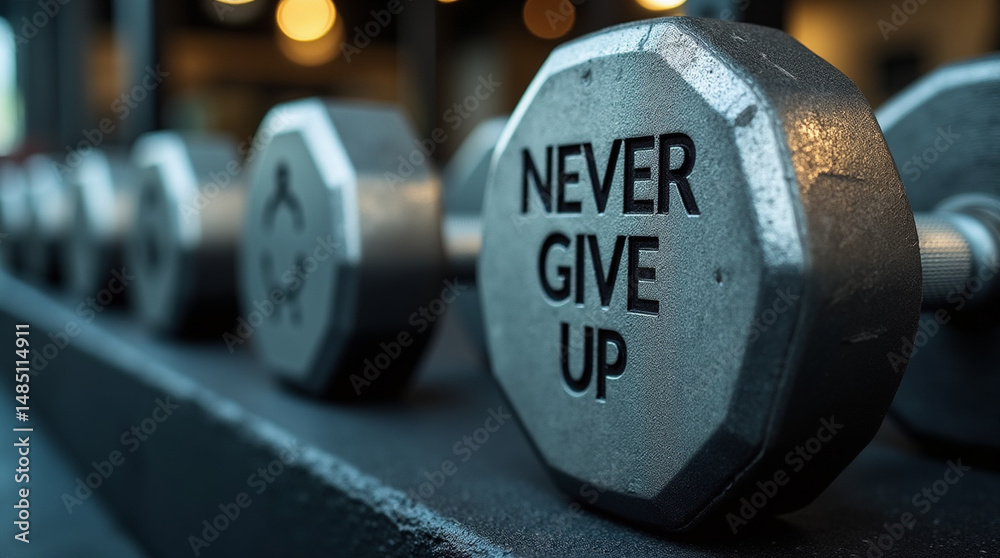 Obraz premium Close-up of a dumbbell displaying the text 'Never Give Up' in a gym, representing motivation, determination, and fitness goals.
