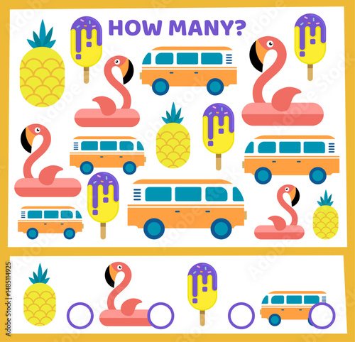 Summer fun. How many flamingo and tropical fruits. Kids worksheet. Workbook test. Math counting quiz. Children game. Car van vacation. Finding identical ice creams. Vector educational puzzle design