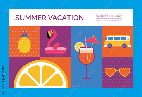 Summer fun. Season for traveling. Tropical fruit. Swimming pool flamingo. Exotic cocktail glass. Car van trip. Square shapes collage. Abstract geometric card. Vector summertime tourism banner design