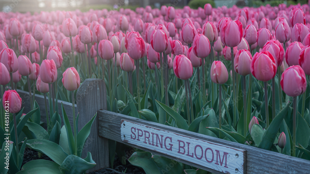 Rows of vibrant pink tulips blooming in a field perfect for springtime gardening and agricultural th