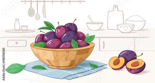 Plum Illustration vector design, Plums in bowl with plum slice in kitchen Illustration vector design
