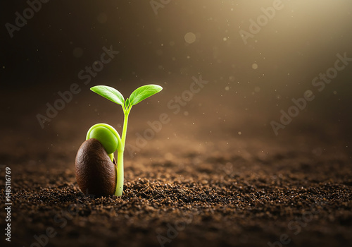 Emerging plant seedling sprouting from seed in rich soil with bokeh background