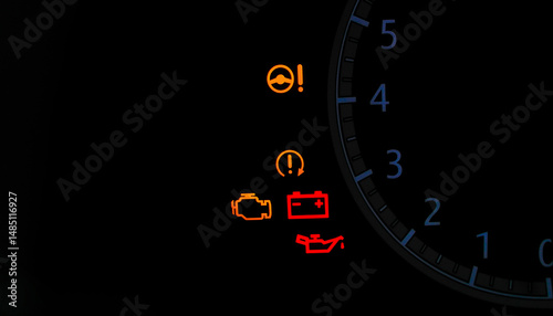 Car Warning Lights, Illuminated dashboard warning lights in a vehicle, including check engine, battery, low oil pressure, steering wheel, and tire pressure indicators.
