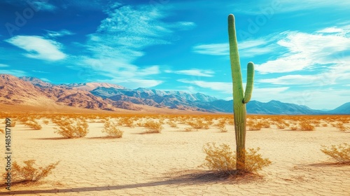 Saguaro cactus desert landscape vibrant blue sky mountains and dry terrain