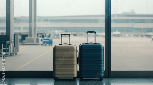 Two Stylish Plastic Luggage Suitcases Standing Near Panoramic Window At Airport, Blue And Beige Travel Bags Waiting In Terminal, Creative Shot For Transportration And Travelling Concept, Copy Space --