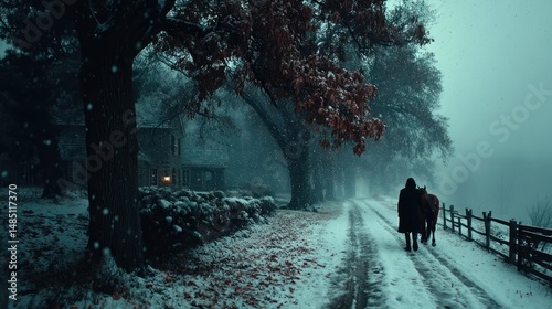 Snowy path in dark forest