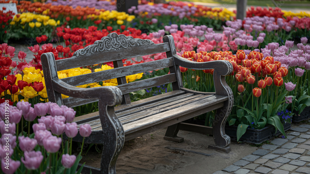 Rustic ornate bench nestled in a vibrant tulip field offering outdoor seating amidst blooming flower