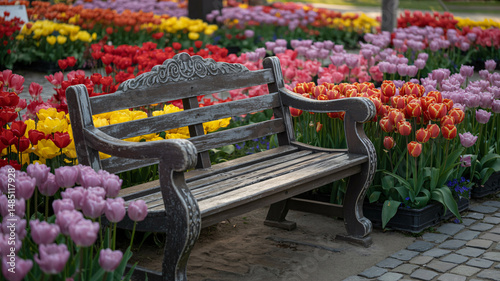 Obraz na płótnie Rustic ornate bench nestled in a vibrant tulip field offering outdoor seating amidst blooming flower w salonie