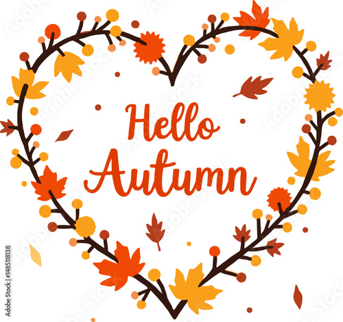 Autumn heart wreath made of colorful leaves and dots, with handwritten "Hello Autumn" in red. Decorative seasonal design for fall