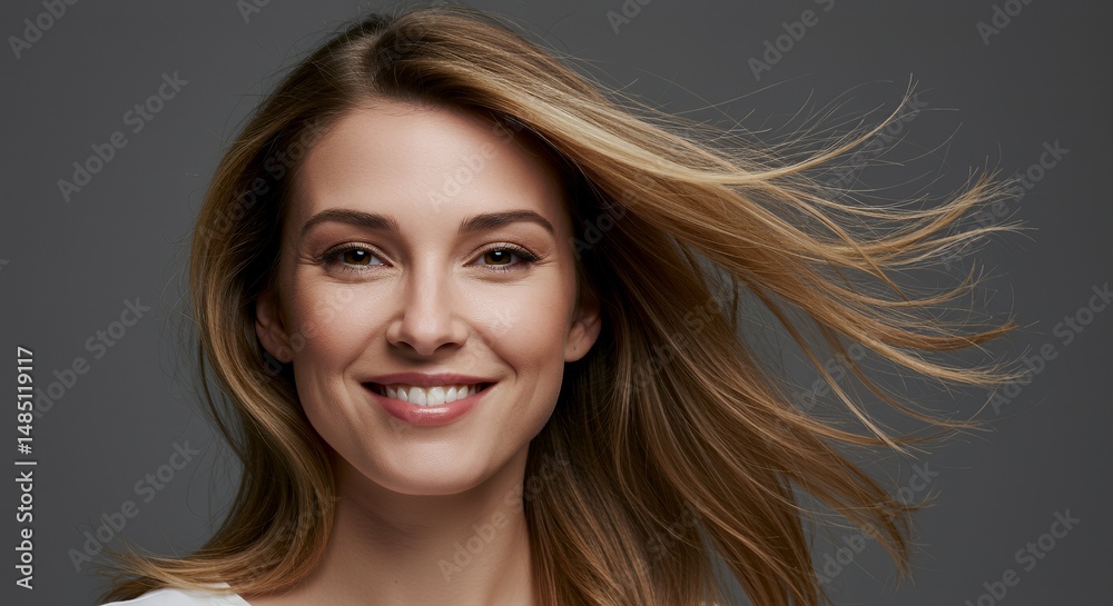 Fototapeta premium Radiant Young Woman with Wind Swept Blonde Hair Smiling Against Gray Background in Soft Lighting