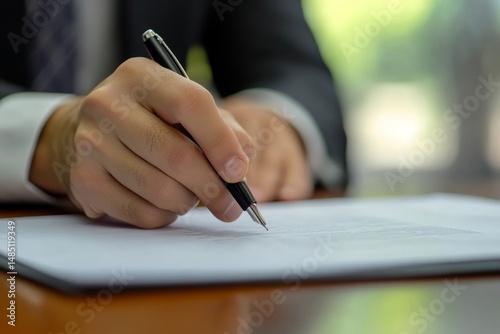 A hand in a suit writing on a white paper with a black pen on a wooden table in a bright environment