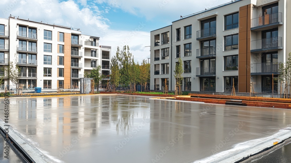 Concrete slab curing on a multistory building site with engineered load-bearing elements visible Concrete slab curing on a multistory building site with engineered load-bearing elements visible