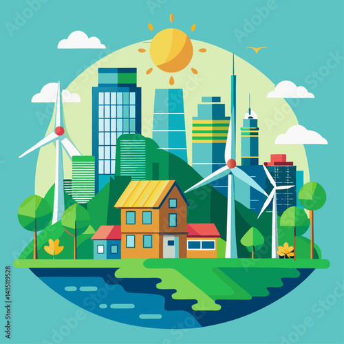 Vector Illustration of Eco-Friendly City with Green Energy and Sustainable Lifestyle Concept 