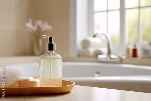 Luxurious bathroom setting with soap dispenser and soft towels near bathtub
