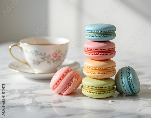 Stacked Colorful Macarons with Tea Cup Still Life