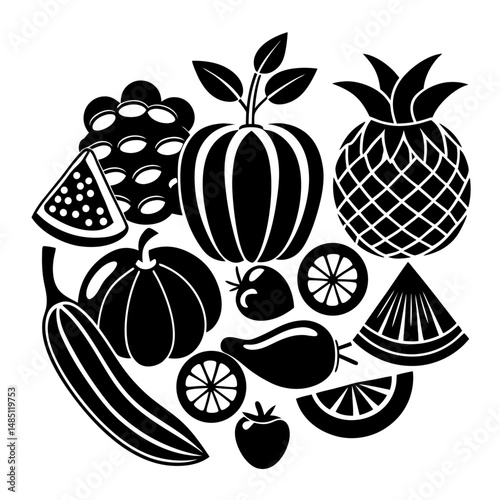 Black and white Flat Design of Organic Fruits and Vegetables