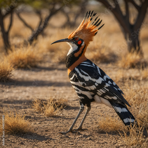 Eurasian Hoopoe bird perched on the ground. red crowned night heron. A hoopoe with its crown feathers raised in the desert. 
