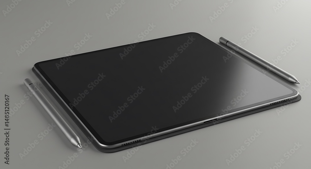 Tablet computer and stylus on gray surface digital technology presentation Tablet computer and stylus on gray surface digital technology presentation