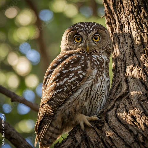 great horned owl on a branch. An owl perched in a hollow tree. A wise old owl perched on a branch at dusk.