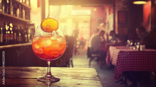 A vibrant cocktail with ice and an orange slice, set against a warm, inviting bar ambiance.