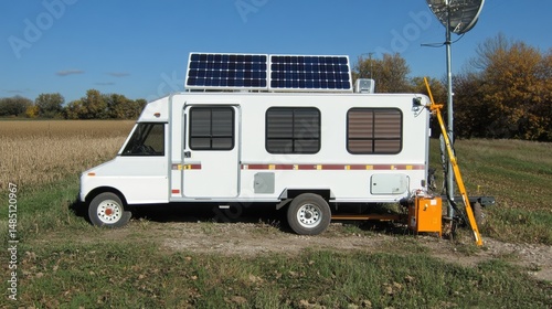 Construction office trailer with solar power and satellite monitoring gear