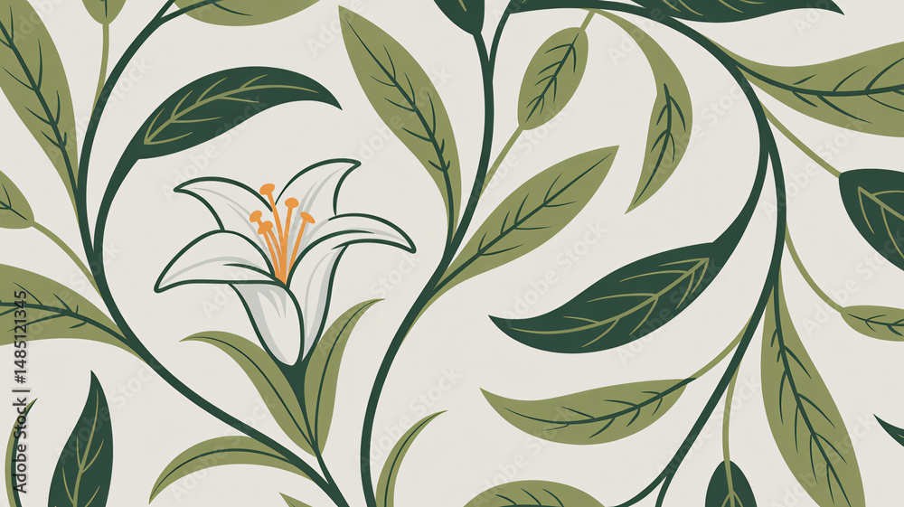 Seamless botanical pattern showcasing stylized green floral elements on a white backdrop