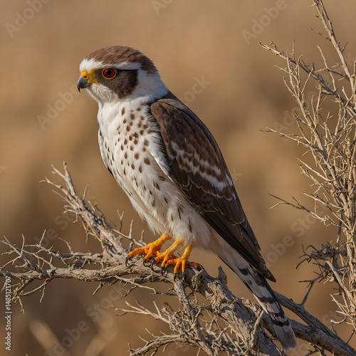 common buzzard buteo. Stunning Close-up of a Kestrel Perched on a Branch. A baby kestrel sitting on a dry branch, with a golden sunset sky behind. 