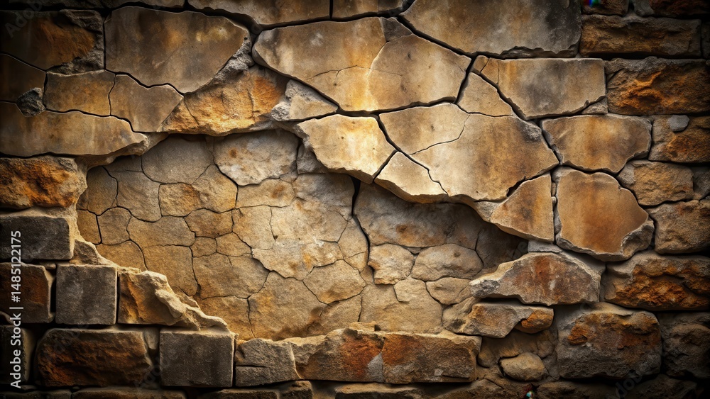 Fototapeta premium Ancient stone wall with cracks reveals a deep dark background