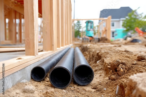 Wallpaper Mural Pvc pipes at residential construction site with wooden framing and machinery Torontodigital.ca