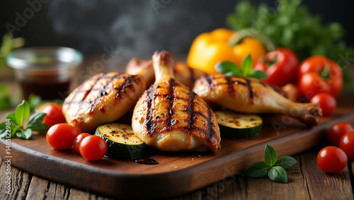Grilled chicken drumsticks with a crispy golden crust served on a rustic wooden board, surrounded by a mix of roasted and fresh vegetables. Perfect for food advertising or menu design.