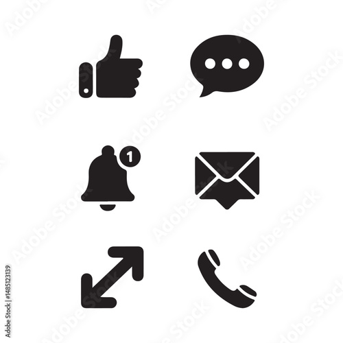 Social Media Icon Set Vector Black Silhouettes of Likes Comments Shares Message Bubbles Notifications and Phone Calls