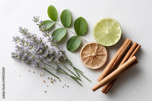 Wallpaper Mural Lavender, citrus, and cinnamon arrangement on white background Torontodigital.ca