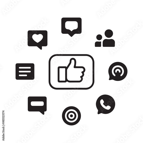 Social Media Icon Set Vector Black Silhouettes of Likes Comments Shares Message Bubbles Notifications and Phone Calls