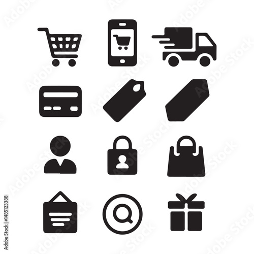 Ecommerce Icon Set Vector Black Silhouettes of Shopping Carts Mobile Purchases Delivery Trucks Credit Cards and Discount Tags