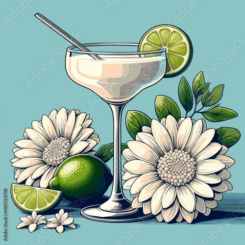 Daiquiri cocktail in elegant glass with lime and flowers in retro Pop Art vector